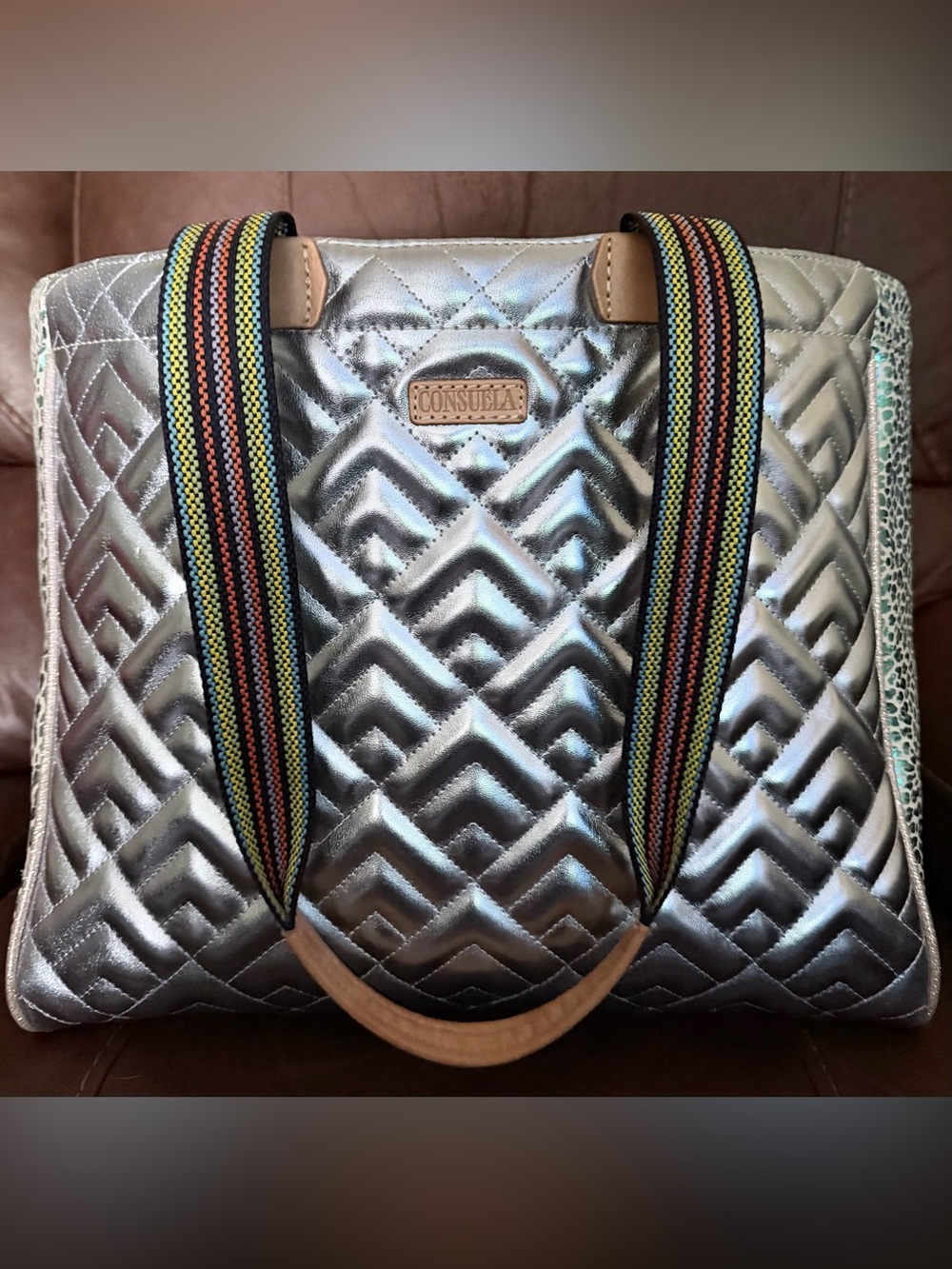✨LIKE NEW✨ Consuela Silver Quilted Tote with Multicolor Woven Straps